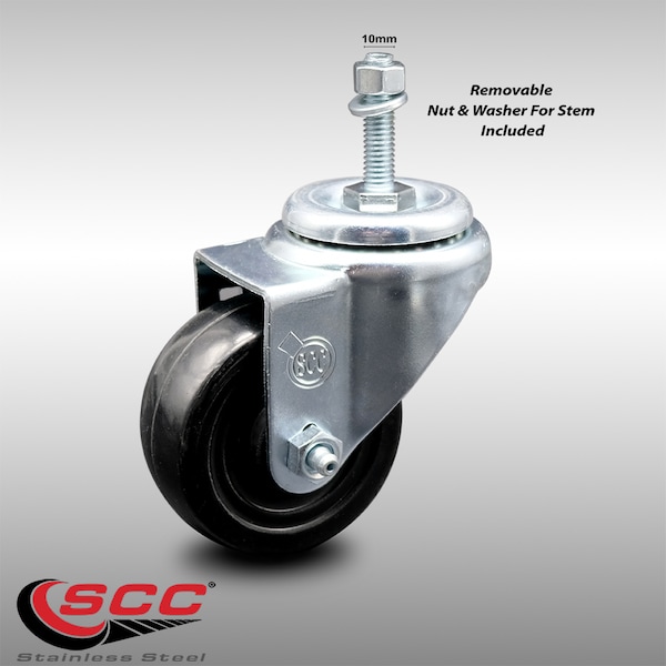 3.5 Inch SS Hard Rubber Wheel Swivel 10mm Threaded Stem Caster SCC